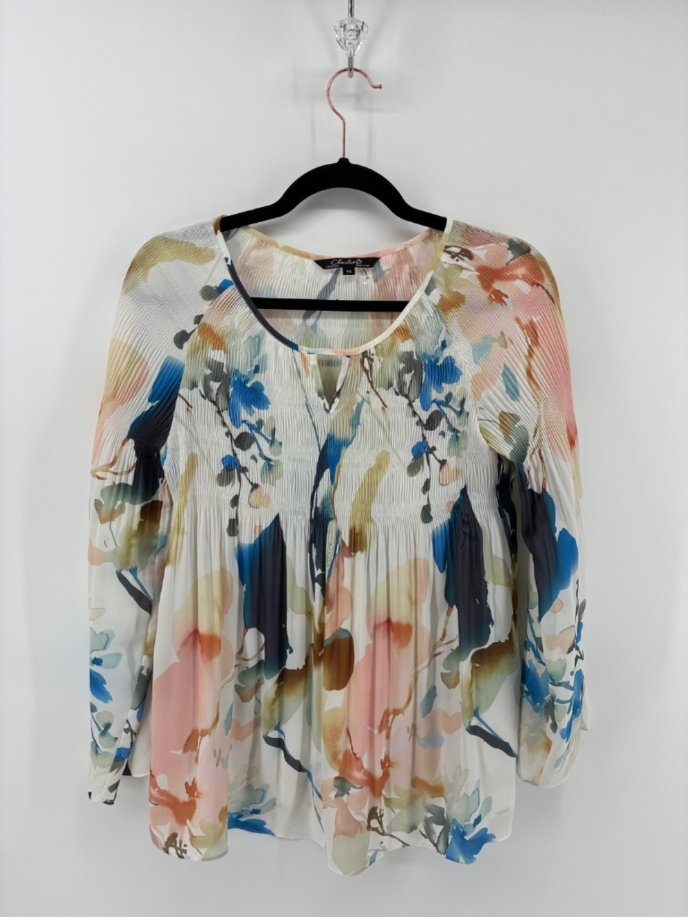 CHARLIE B Red and Pink Pleated Blouse - Picture 2 of 9